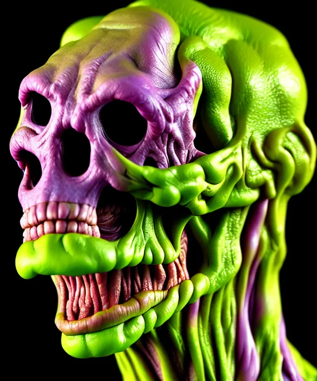 Image similar to hyperrealistic rendering, cronenberg flesh monster skeletor by art of skinner and richard corben and jeff easley, product photography, action figure, sofubi, studio lighting, colored gels