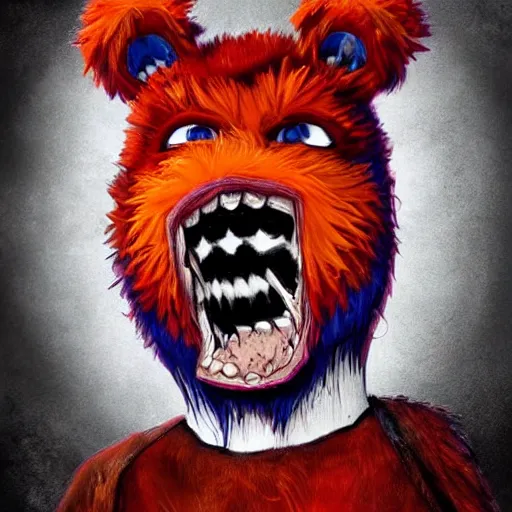 Prompt: scary anime Portrait of horrific Youppi the Habs Montreal Canadiens Mascot as a very dead powerful and violent pokemon, Youppi devouring Boston Bruins Bear Logo, lots of Bruins Bear Blood, highly detailed anime, high evolution, 1990s, haunted shiny legendary, darkness, smooth, sharp focus, dynamic lighting, intricate, trending on ArtStation, stuff of nightmares, illustration pokemon, art by WLOP