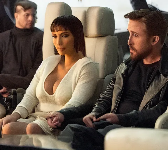 Image similar to a movie still of kim kardashian sitting with ryan gosling in the movie blade runner 2 0 4 9