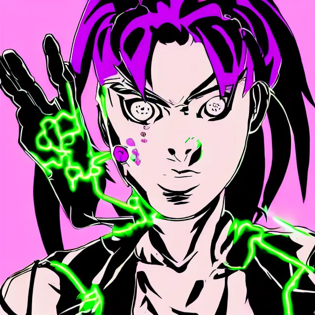 Image similar to a female mutant punk / raver using her mutant electrical powers in the style of hirohiko araki in the style of akira toriyama trending on artstation deviantart pinterest hyper detailed photorealistic highlights and shadow hd 8 k post - processing high resolution in color