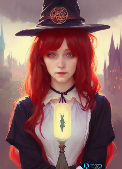 Prompt: portrait cute adult female witch student, magic university school dress, fantasy landscape, bangs red hair, sharp focus, illustration, highly detailed, digital painting, concept art, matte, art by wlop and artgerm and greg rutkowski and alphonse mucha, masterpiece