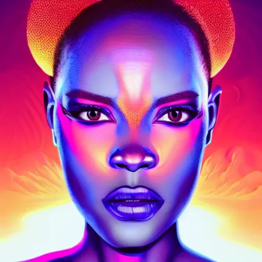 Image similar to african neon demon, science fiction, highly detailed, digital painting, beautiful eyes, symmetry, concept art, sharp focus, volumetric lighting, illustration, global illumination, radiant light, synthwave colors, detailed and intricate environment, art by artgerm and greg rutkowski and magali villeneuve and ilya kuvshinov!