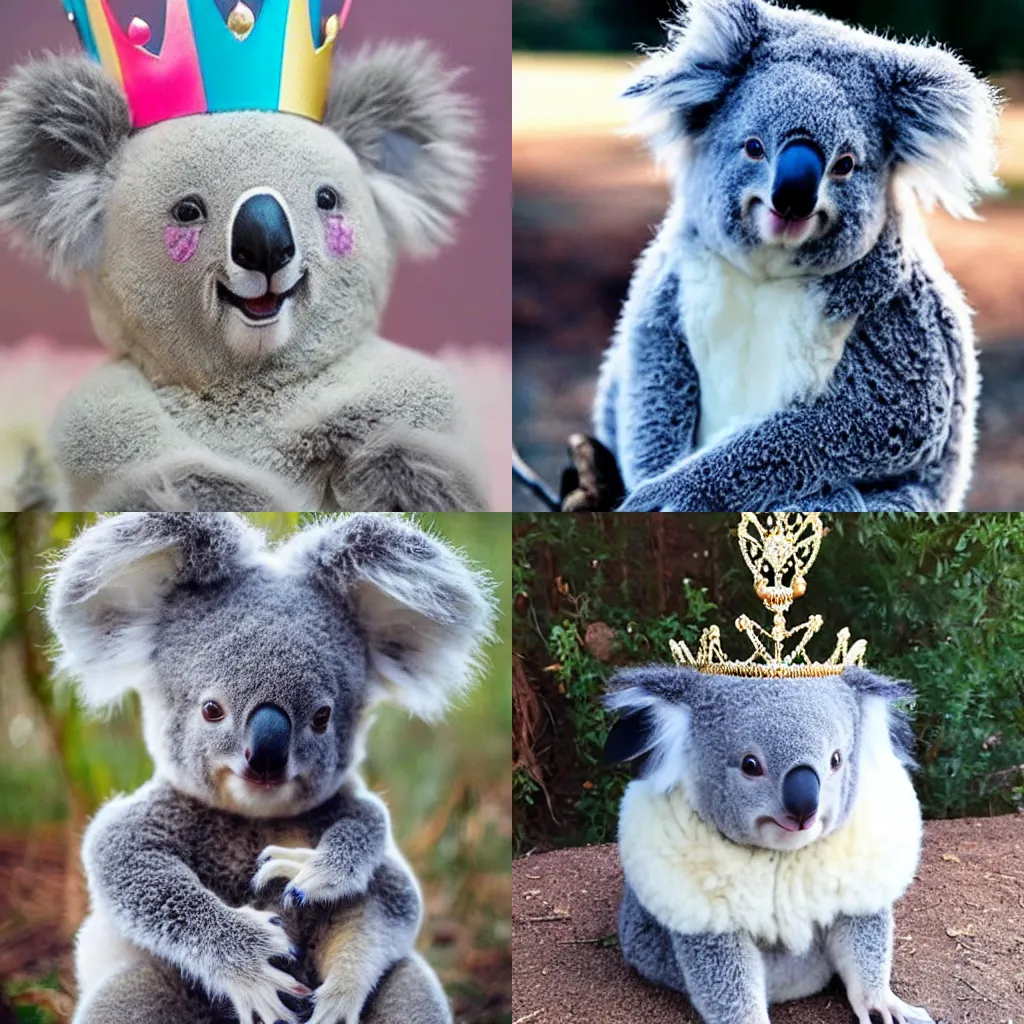 Prompt: fluffy koala wearing a princess dress and crown