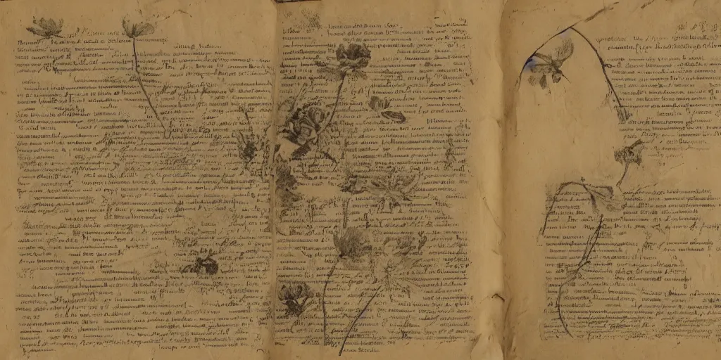 Prompt: old scientific documents, nature, leaf, flowers, aged paper, texture, highly detailed