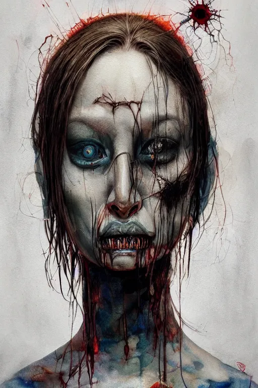 Image similar to watercolor cartoon grunge portrait of a creepy horror nurse girl . intricate abstract. intricate artwork. nightmare fuel. terrifying. by zdzisław Beksiński, wlop, dan mumford , trending on artstation, greg rutkowski very coherent symmetrical artwork. cinematic, hyper realism, high detail, octane render, 8k