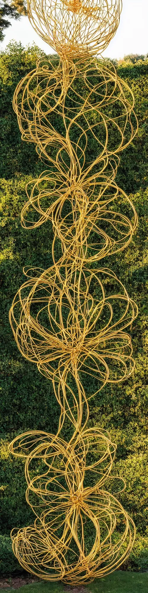 Prompt: a gigantic golden wire sculpture of a flower in a garden, golden light