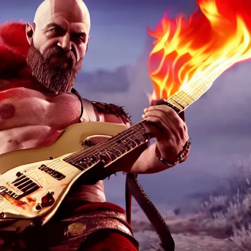 Image similar to kratos shredding on a flaming stratocaster guitar, cinematic render, god of war 2 0 1 8, santa monica studio official media, lightning, spartan rage, head turned