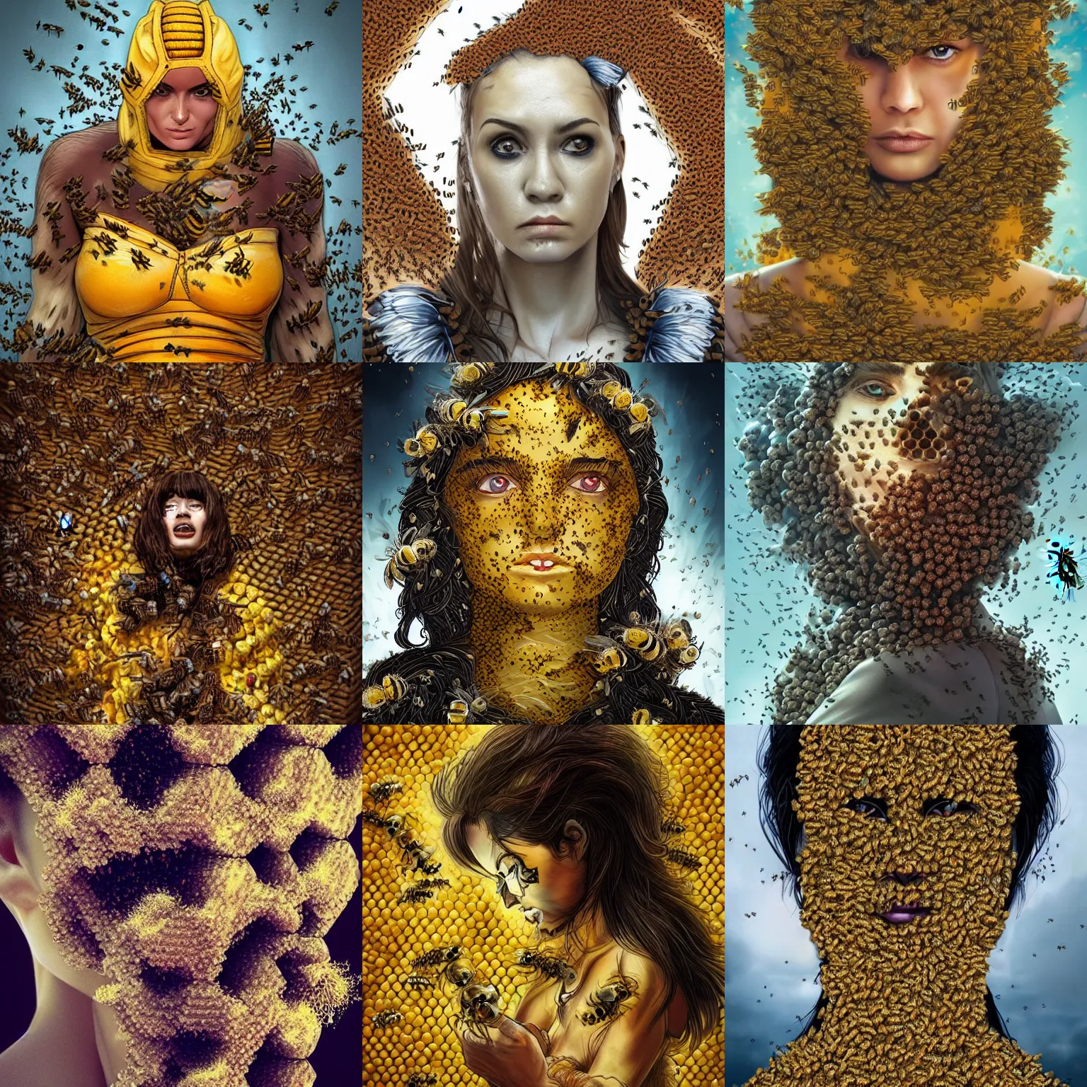 Image similar to The angry, agonizing face of a woman who is a swarm of bees made of bees surrounded by bees🐝🐝🐝 fantasy artwork, very very beautiful, trending on artstation