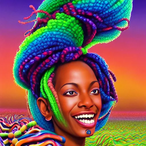 Prompt: a wide angle shot of a happy black girl with colorful dreadlocks in a field of candy, by Adi granov and afarin sajedi and amanda sage and evgeni gordiets and Agostino Arrivabene and adonna khare in a psychedelic portrait style, ultrarealistic matte painting, volumetric lighting, fractal, extremely symmetrical, highly detailed face, orisha, 8k, hd