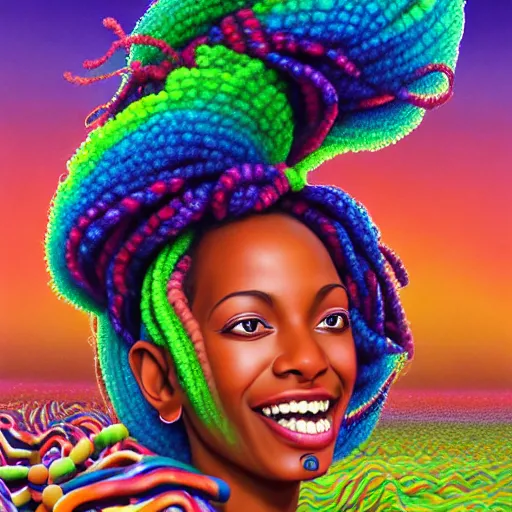 Image similar to a wide angle shot of a happy black girl with colorful dreadlocks in a field of candy, by Adi granov and afarin sajedi and amanda sage and evgeni gordiets and Agostino Arrivabene and adonna khare in a psychedelic portrait style, ultrarealistic matte painting, volumetric lighting, fractal, extremely symmetrical, highly detailed face, orisha, 8k, hd