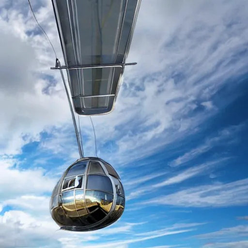 Prompt: an inflated stainless steel chrome gondola in the clouds, solarpunk