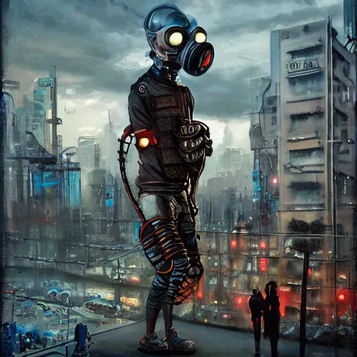 Prompt: Guy in a Gasmask, Cyberpunk city, street vendors, citizens, augmented cyborgs, robots, skyscapers, buildings, clouds, sunset, painted by seb mckinnon, high detail, digital art, trending on artstation