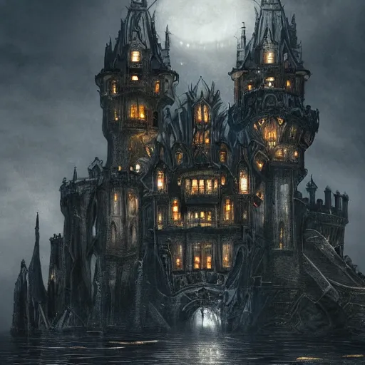 Prompt: a gigantic tall towering surreal elaborate dark gothic stone castle built over a lake at midnight with a second upside-down castle looming in the clouds above it, illustration by Ayami Kojima, dramatic lighting, concept art, hyperdetailed, 4k