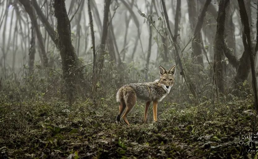 Image similar to a coyote in a foggy jungle, photography