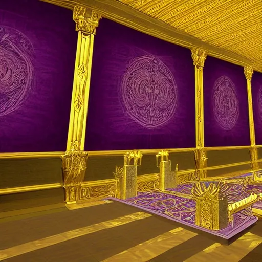 Image similar to Digital art of the golden throne room Imperial matte finish, ominous dramatic wide angle, god rays purple banners