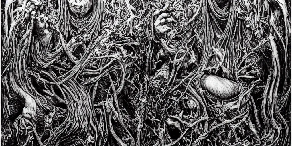 Image similar to Darkthrone themed drawing of unholy darkness black metal logo concept, intricate artwork by Christophe Szpajdel, H.R. Giger, Johnatan Wayshak, Zdizslaw Beksinski, Ayami Kojima, Amano, Karol Bak, Moebius, and Mark Brooks, Neo-Gothic, gothic, rich deep colors, art by Takato Yamamoto, masterpiece, face by Artgerm, very coherent artwork, cinematic, hyper realism, high detail, octane render, unreal engine, 8k, High contrast, golden ratio, trending on cgsociety