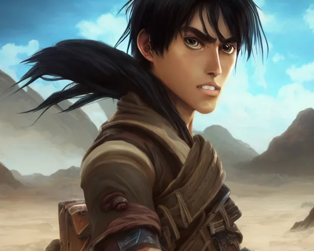 Prompt: a gaming screenshot still portrait of realistic eren yeager roaming around the desert and broken mountains, deep focus, d & d, fantasy, intricate, elegant, highly detailed, digital painting, artstation, concept art, matte, sharp focus, illustration, dark fantasy style art, hearthstone, art by artgerm and greg rutkowski and alphonse mucha