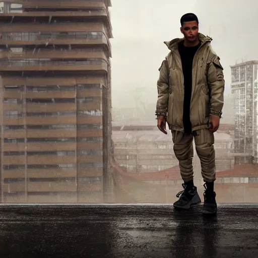 Image similar to A broad shouldered, muscular man wearing Acronym p-31 Ds pants and beige-earth Parka jacket and Nike Acronym presto sneakers, rooftop, sniper rifle stationed in background, Police sirens shining in far background, trending on r/techwearclothing, high quality, digital art, dirty cyberpunk city, rain, greg rutkowski