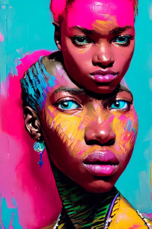 Prompt: portrait of a stylized african young lady, painted in acrylic, pigment textures, in the colors hot pink and cyan, beautiful realistic face, rule of thirds, spotlight, by greg rutkowski, by jeremy mann, by francoise nielly, by van gogh, by ross tran, in focus