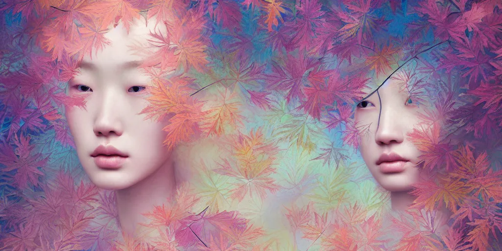 Image similar to breathtaking detailed pattern pastel colors of an ethereal ginger beauty morphing into autumn leaves, by hsiao - ron cheng, bizarre compositions, exquisite detail, 8 k