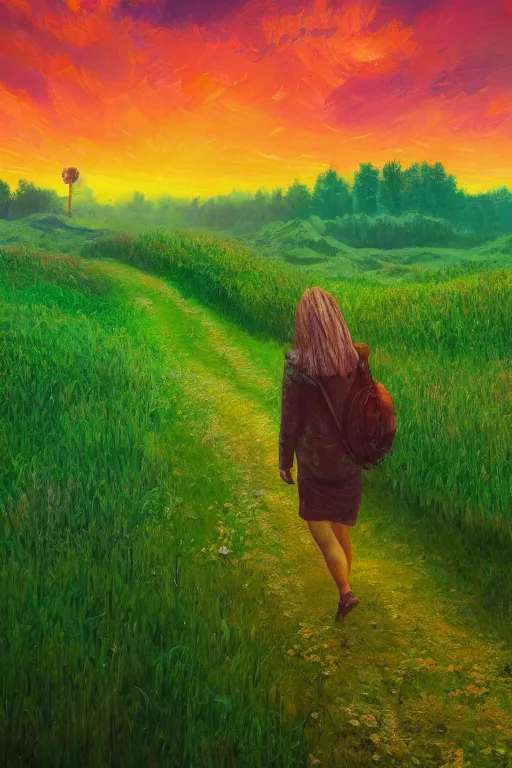 Image similar to giant corn flower head, girl walking in a green valley, surreal photography, sunrise, dramatic light, impressionist painting, colorful clouds, digital painting, artstation, simon stalenhag