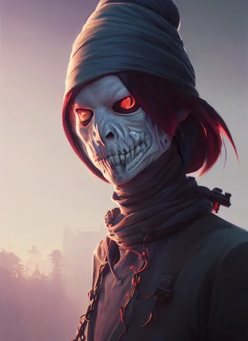 Image similar to Highly detailed portrait of an undead ninja, Stephen Bliss, unreal engine, fantasy art by Greg Rutkowski, Loish, Rhads, Makoto Shinkai and Lois van baarle, ilya kuvshinov, rossdraws, Tom Bagshaw, global illumination, radiant light, detailed and intricate environment