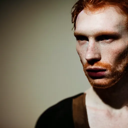 Image similar to color portrait of a very pale, freckly, ginger male model by emmanuel lubezki