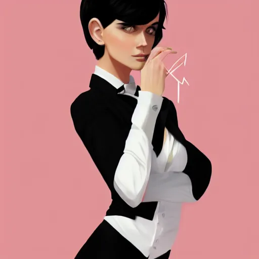 Image similar to slim girl in tuxedo with short black hair, elegant, 2d, ultra highly detailed, digital painting, smooth, sharp focus, artstation, art by Ilya Kuvshinov