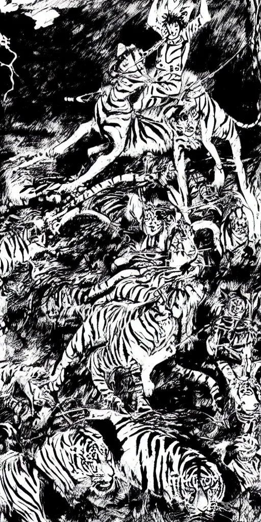 Image similar to man riding a chariot car being pulled by tigers colored and drawn by Junji Ito.