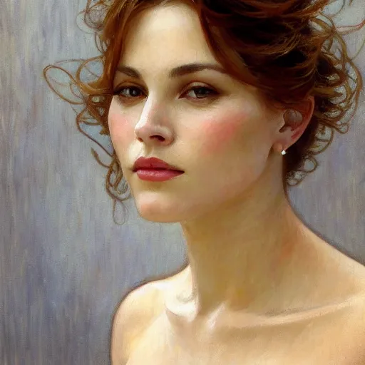 Image similar to ultra realistic portrait of a beautiful woman, intricate, elegant, highly detailed, smooth, sharp focus, by gil elvgen, greg manchess, mucha