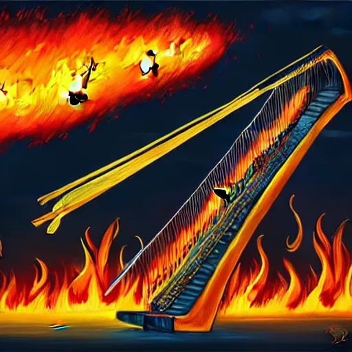 Image similar to in the lower part of the picture is the harp burning in the fire, above are cranes flying in flames, digital painting, concept art