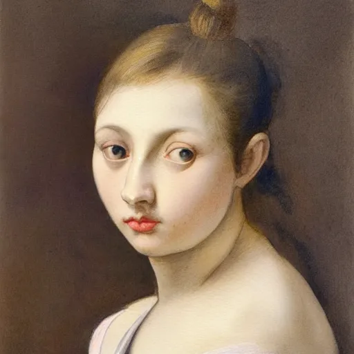 Prompt: colored portrait. a very unique watercolor painting profile, 3 / 4, medium shot. a straight and long nose, and huge prominent eyes. she is looking at the mirror and crying. old photograph. sharp image. academicism, highly detailed, color harmony, art station, ornate, caravaggio style. old photography