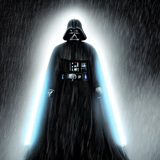 Prompt: darth sidious with lightsaber, heavy rain, lightning, moody lighting, shallow depth of field,