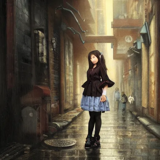 Image similar to a perfect, realistic professional oil painting in rococo style, of a Japanese schoolgirl posing in a dystopian alleyway, close-up, by a professional American senior artist on ArtStation, a high-quality hollywood-style concept