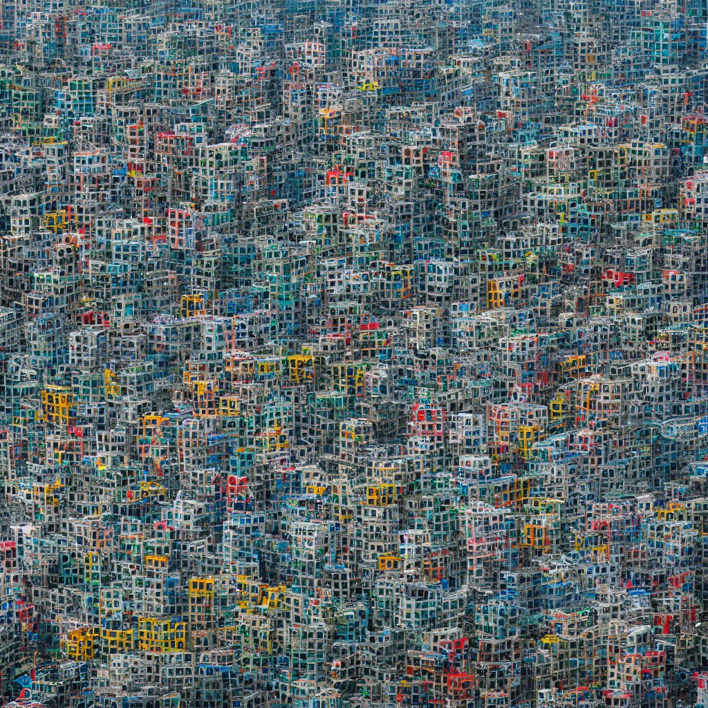 Image similar to a circular tower, made up of colourful makeshift squatter shacks in city downtown, dystopia, sony a 7 r 3, f 1 1, fully frontal view, ultra detailed, photographed by andreas gursky,