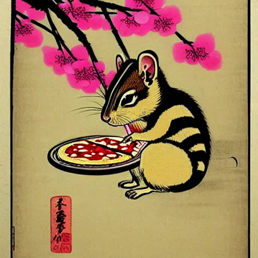 Image similar to japanese edo period woodblock print of a chipmunk eating pizza with pink blossoming cherry trees in the background, art by greg rutkowski and yoji shinkawa and akira toriyama