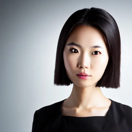 Image similar to pretty asian woman, headshot, symmetrical face, hard lighting, photorealistic