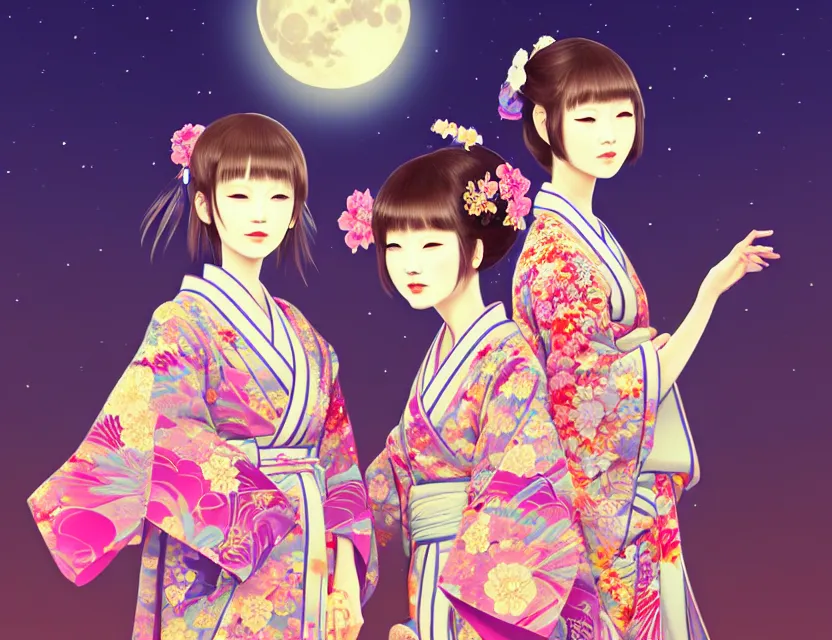 Image similar to two beautiful charming japan girls wear arty kimono in festival | | sunny night, full moon, dreamlike art, realistic shaded, smile, good looking, hyper details, 4 k realistic, cryengine, realistic shaded lighting poster by ilya kuvshinov, fuji choko, ross tran, 8 k resolution, trending on artstation, luxury