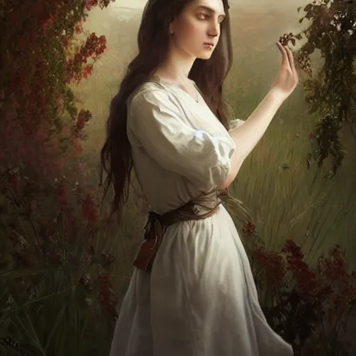 Prompt: epic portrait a beautiful woman wearing a white blouse and short sleeves, digital painting, artstation, concept art, soft light, hdri, smooth, sharp focus, illustration, fantasy, intricate, elegant, highly detailed, D&D, matte painting, in the style of Greg Rutkowski and Alphonse Mucha and artemisia, 8k, highly detailed, jurgens, rutkowski, bouguereau, pastoral, rustic, georgic, detailed concept art, illustration, colorful pastel, painting, detail, ultra detailed, digital art, octane render, 4K,