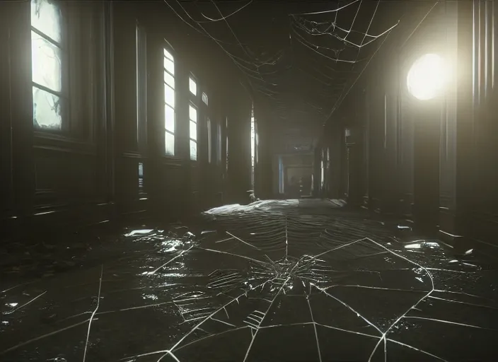 Prompt: large spider web infested hallway in destiny 2, liminal, dark, dystopian, abandoned, highly detailed 4 k 6 0 fps in - game destiny 2 gameplay screenshot leak