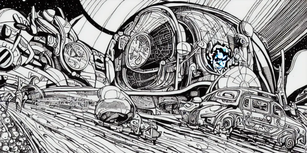 Image similar to traditional drawn colorful animation a car solo stranger with harvester pacing to valley symmetrical architecture on the ground, space station planet afar, planet surface, ground, rocket launcher, outer worlds extraterrestrial hyper contrast well drawn Metal Hurlant Pilote and Pif in Jean Henri Gaston Giraud animation film The Masters of Time FANTASTIC PLANET La planète sauvage animation by René Laloux