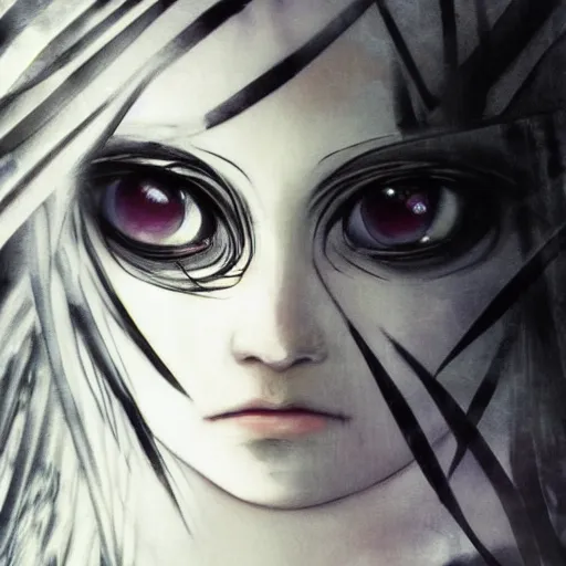 Image similar to Yoshitaka Amano blurred and dreamy illustration of an anime girl with the pirate eye patch hiding one eye, wavy white hair and cracks on her face wearing Elden ring armour with the cape fluttering in the wind, abstract black and white patterns on the background, noisy film grain effect, highly detailed, Renaissance oil painting, weird portrait angle