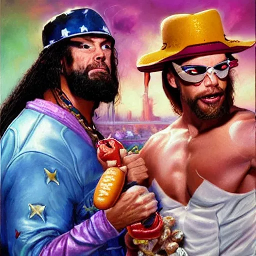 Image similar to portrait of wwf macho man randy savage and wcw sting sharing hotdogs, an oil painting by ross tran and thomas kincade