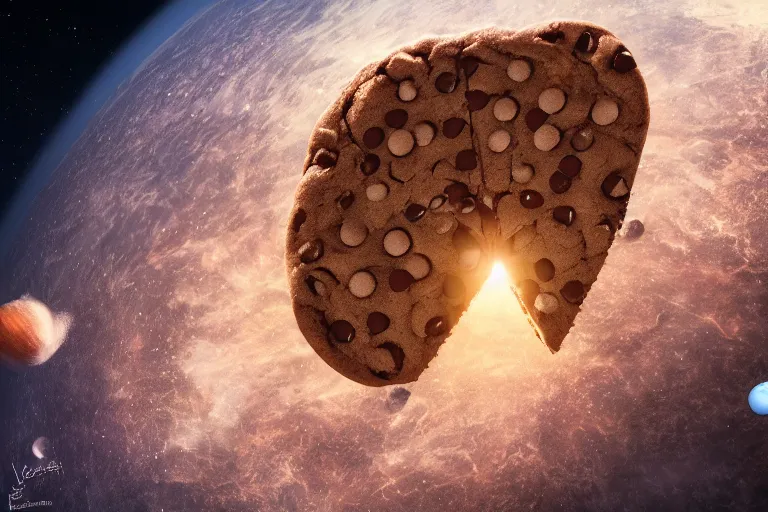 Prompt: A highly detailed 4k render of a gigantic chocolate chip cookie drifting through space towards planet earth, CGSociety, ArtStation, Unreal Engine