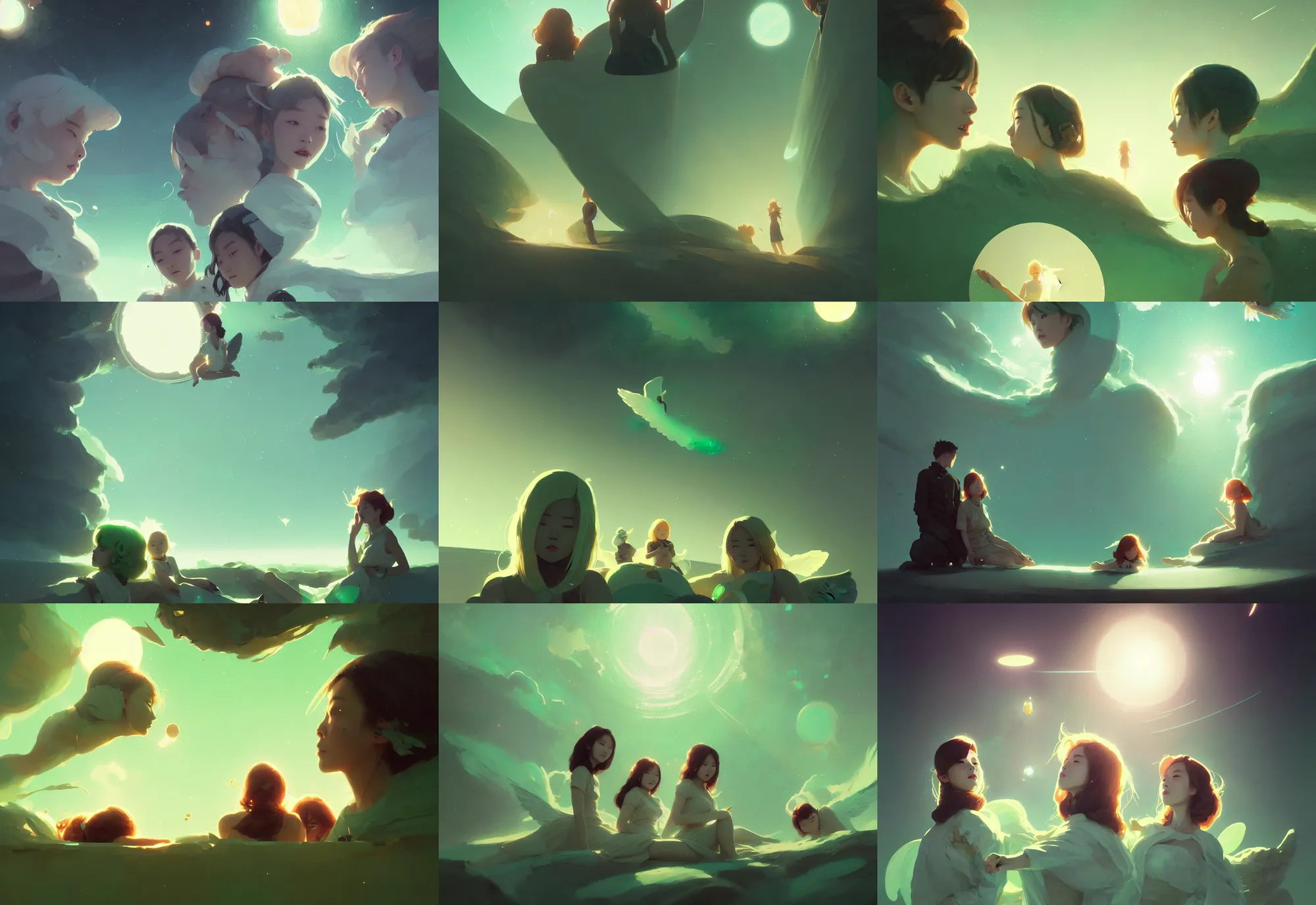 Prompt: lucid dream portrait of two angels in space, sun yunjoo, fantasy, by atey ghailan, by greg rutkowski, by greg tocchini, by james gilleard, by joe gb fenton, dynamic lighting, gradient light green, brown, blonde cream and white color in scheme, grunge aesthetic