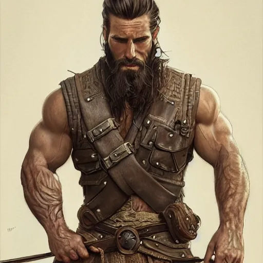 Prompt: portrait of a young, ruggedly handsome ranger, muscular, man bun, half body, leather, hairy, d & d, fantasy, intricate, elegant, highly detailed, digital painting, artstation, concept art, smooth, sharp focus, illustration, art by artgerm and greg rutkowski and alphonse mucha