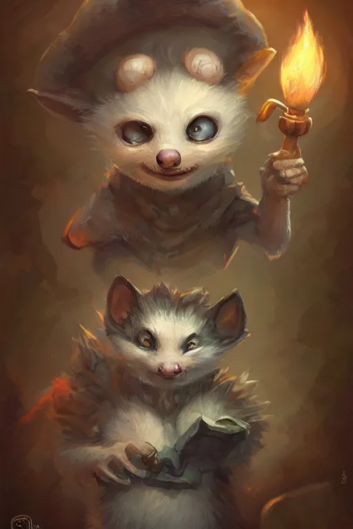 Image similar to cute little anthropomorphic oppossum wizard, tiny, small, baby animal, short, cute and adorable, pretty, beautiful, DnD character art portrait, matte fantasy painting, DeviantArt Artstation, by Jason Felix by Steve Argyle by Tyler Jacobson by Peter Mohrbacher, cinematic lighting