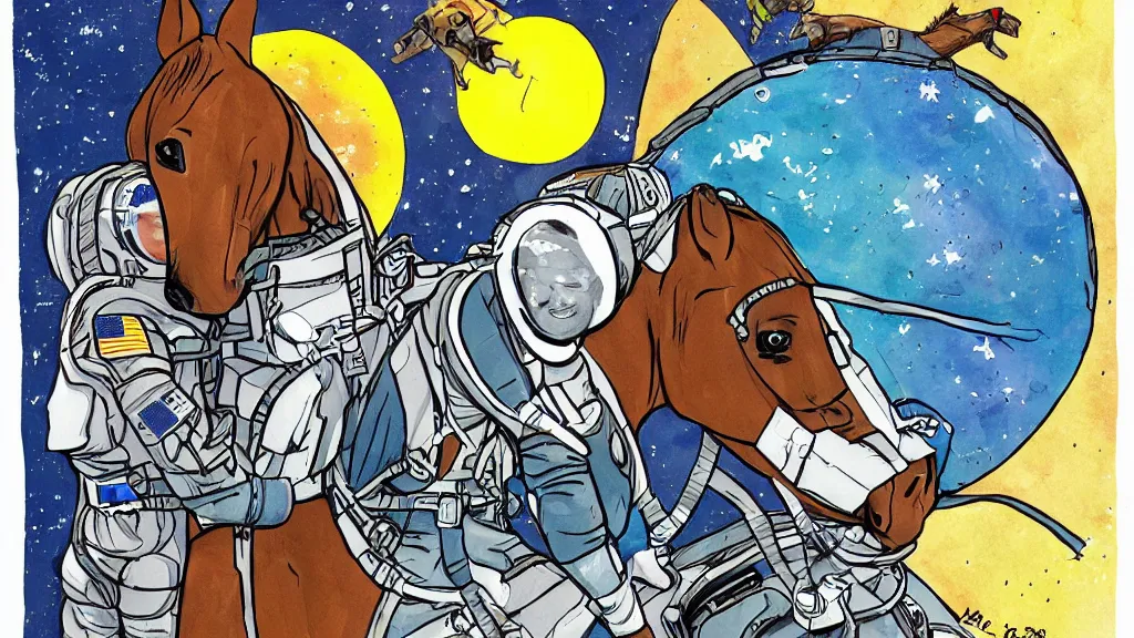 Prompt: horse backpack, a horse on an astronaut, a horse riding an astronaut, horse on top, art by bors matt