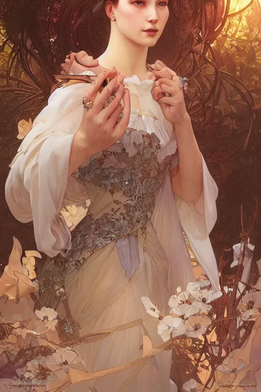 Prompt: the reign of a new princess in the shadow of a thousand suns, detailed digital portrait by artgerm and greg rutkowski and alphonse mucha