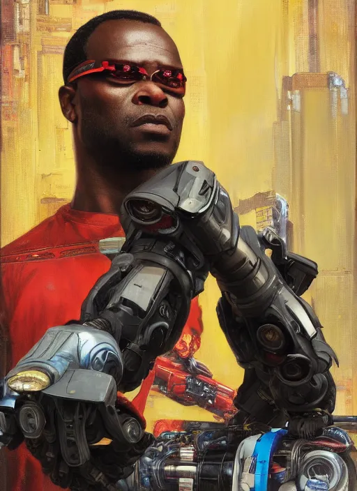 Image similar to Chidi Igwe. Strong Cyberpunk mechanic with robotic legs. (Cyberpunk 2077, bladerunner 2049). handsome face. Iranian orientalist portrait by john william waterhouse and Edwin Longsden Long and Theodore Ralli and Nasreddine Dinet, oil on canvas. Cinematic, vivid colors, hyper realism, realistic proportions, dramatic lighting, high detail 4k